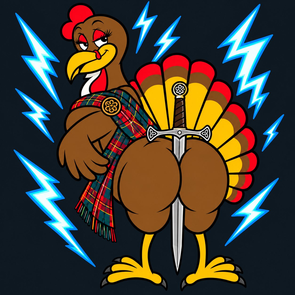 A tartan-clad cartoon turkey clenches a sword between its cheeks, surrounded by blue lightning
